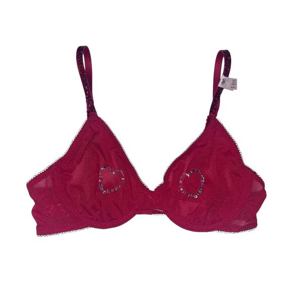 Victoria's Secret Shine Unlined Low-Cut Demi Bra Hearts Red Lacquer Size 32B - Picture 1 of 4